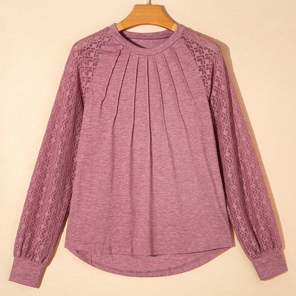 Rose Pink Contrast Lace Raglan Sleeve Plicate Round Neck Top - Picture 1 of 13